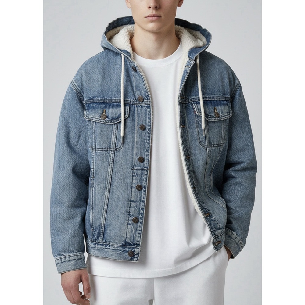 AE American Eagle Men's Hooded Denim Jacket Sherpa Lined Blue Trucker Coat Retro